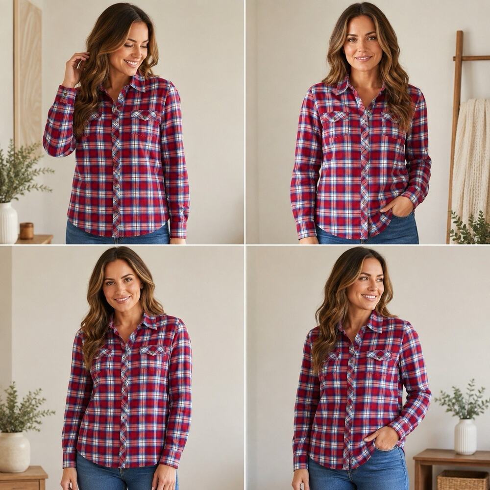 Eddie Bauer Womens M Classic Fit Red Plaid Flannel Button Up Shirt